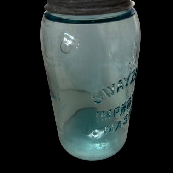 Vintage Swayzee’s improved Mason Blue Glass Quart  Jar zinc lid FLAW Bubble - Picture 2 of 4